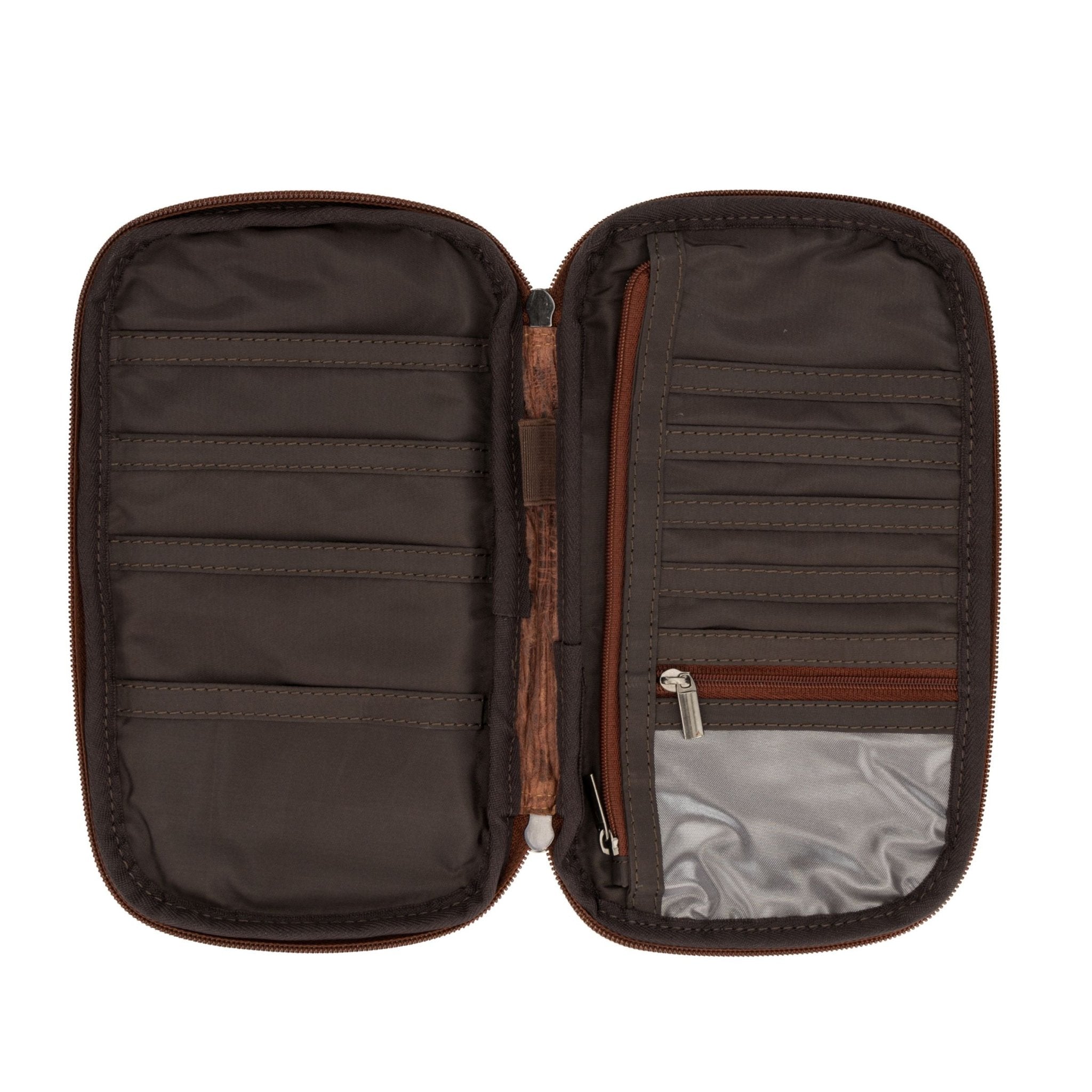 Minori Leather Monroe leather passport wallet in chestnut with multiple card slots and a sleek design, ideal for travel accessories.