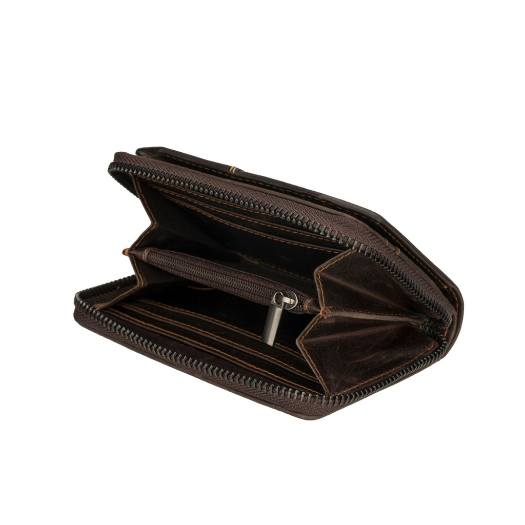 Minori Leather Nora brown leather wallet with multiple card slots and a sleek design.