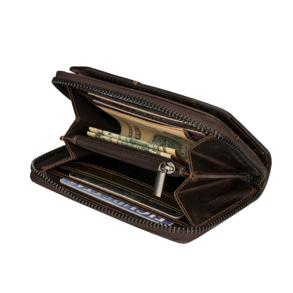 Minori Leather Nora brown leather wallet with multiple card slots and a sleek design for everyday use.