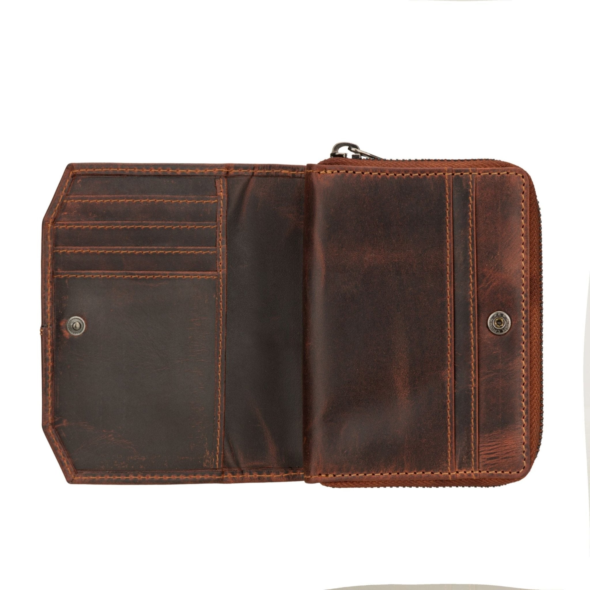 Minori Leather Nora leather wallet in chestnut with multiple card slots and a sleek, compact design.