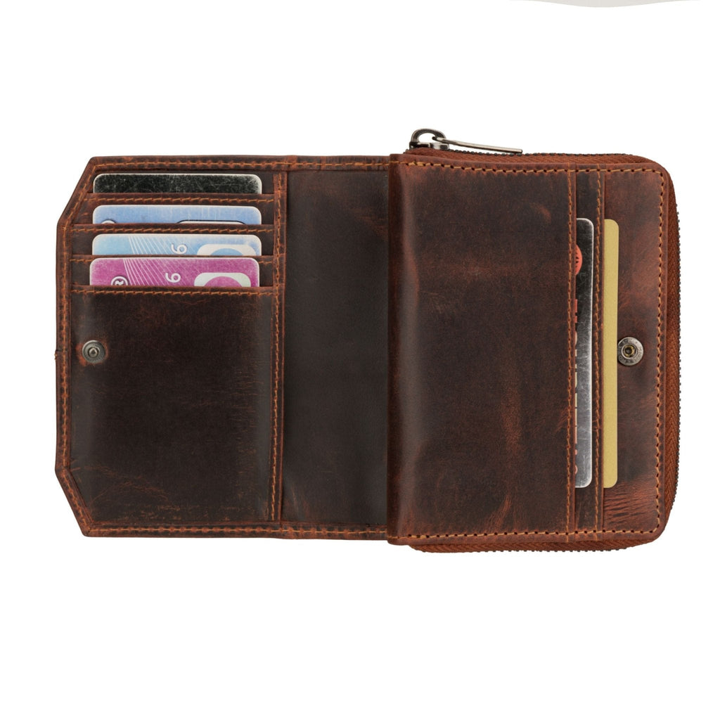 Minori Leather Nora leather wallet in chestnut with multiple card slots and a sleek design.