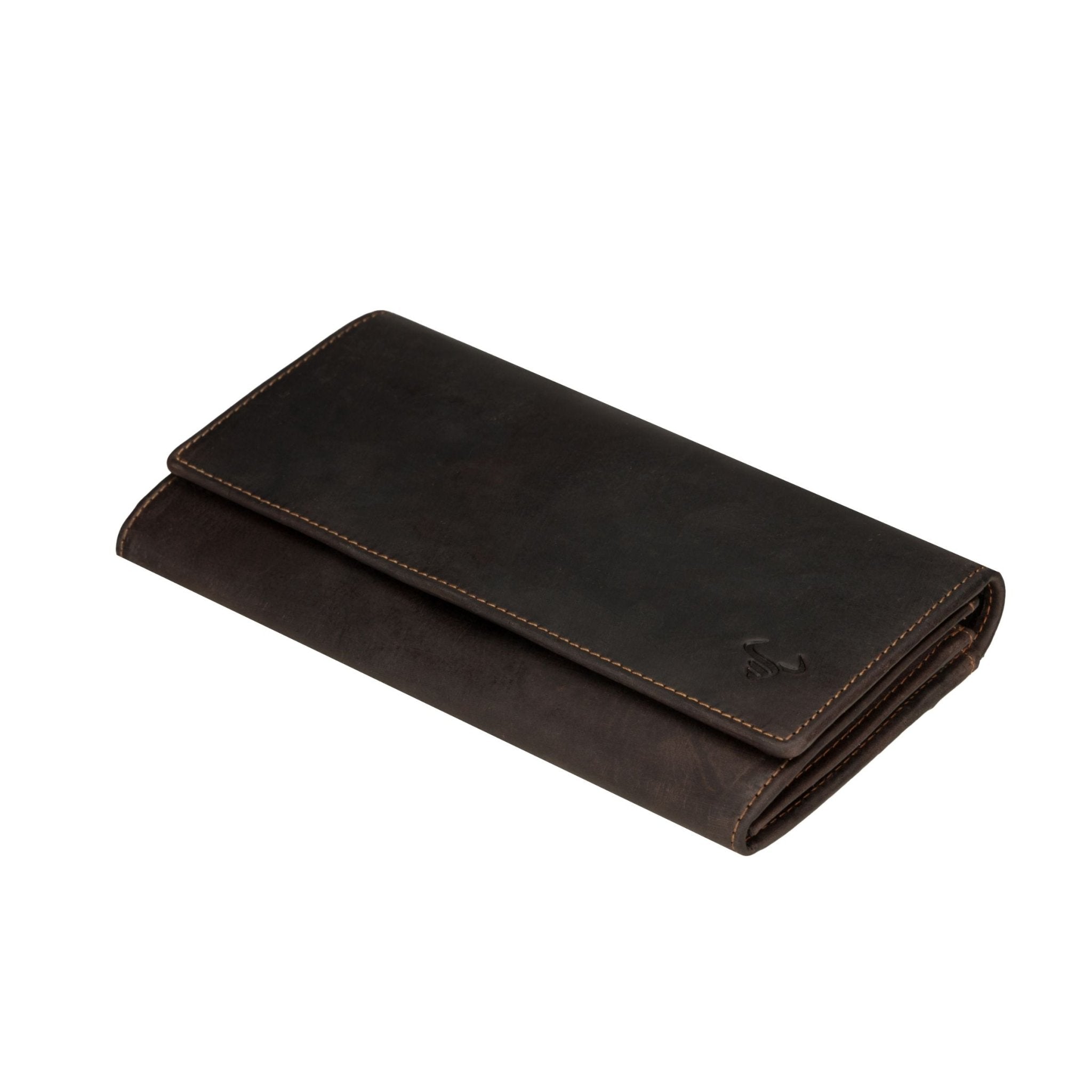 Brown Charlotte leather wallet by Minori Leather, showcasing a sleek, compact design with multiple card slots and a smooth finish.