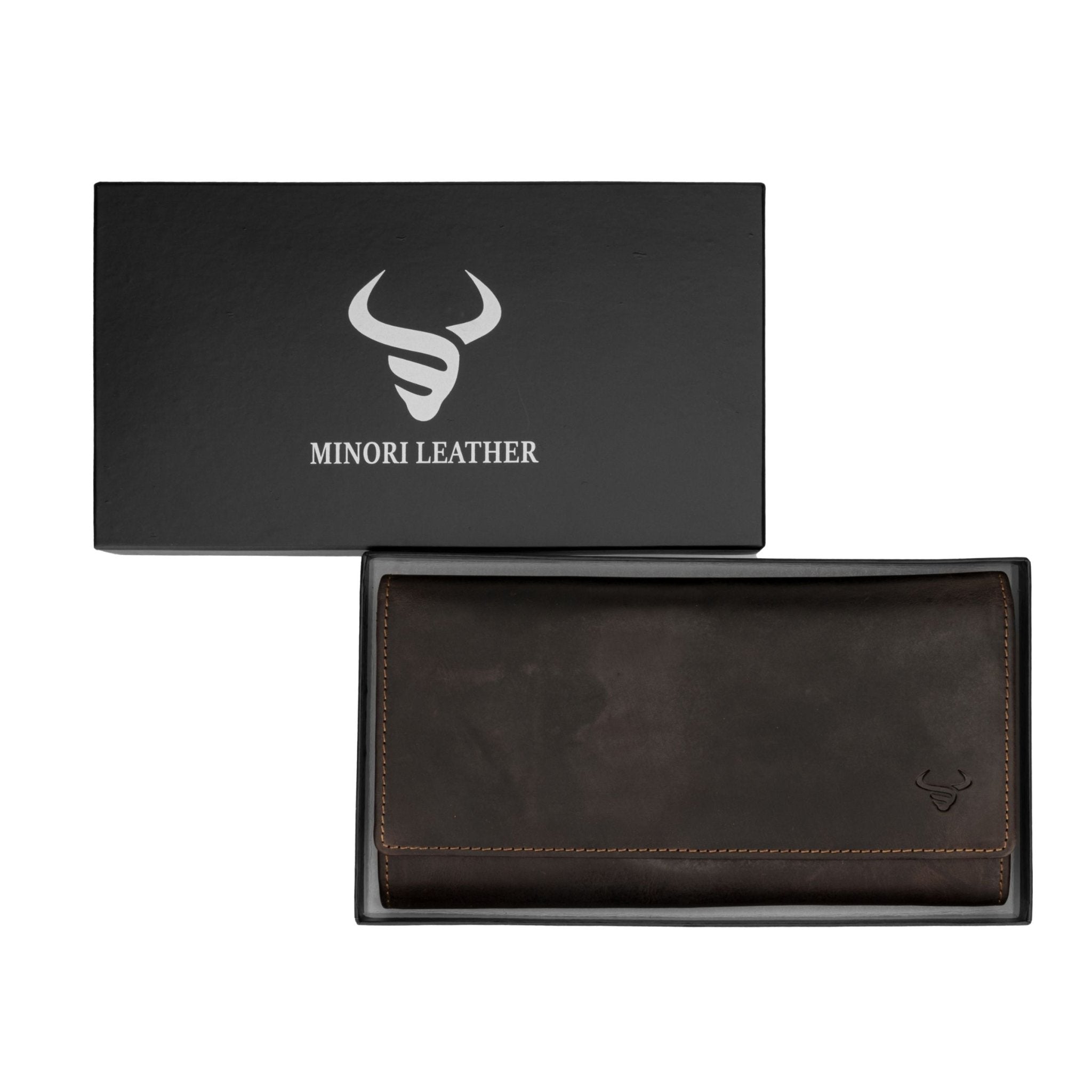 Brown Charlotte leather wallet by Minori Leather, featuring multiple card slots and a sleek design.