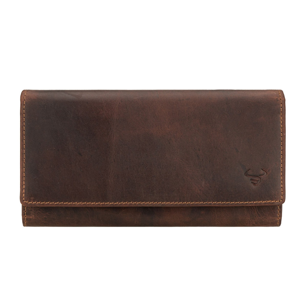 Minori Leather Charlotte leather wallet in chestnut color with multiple card slots and a sleek, compact design.