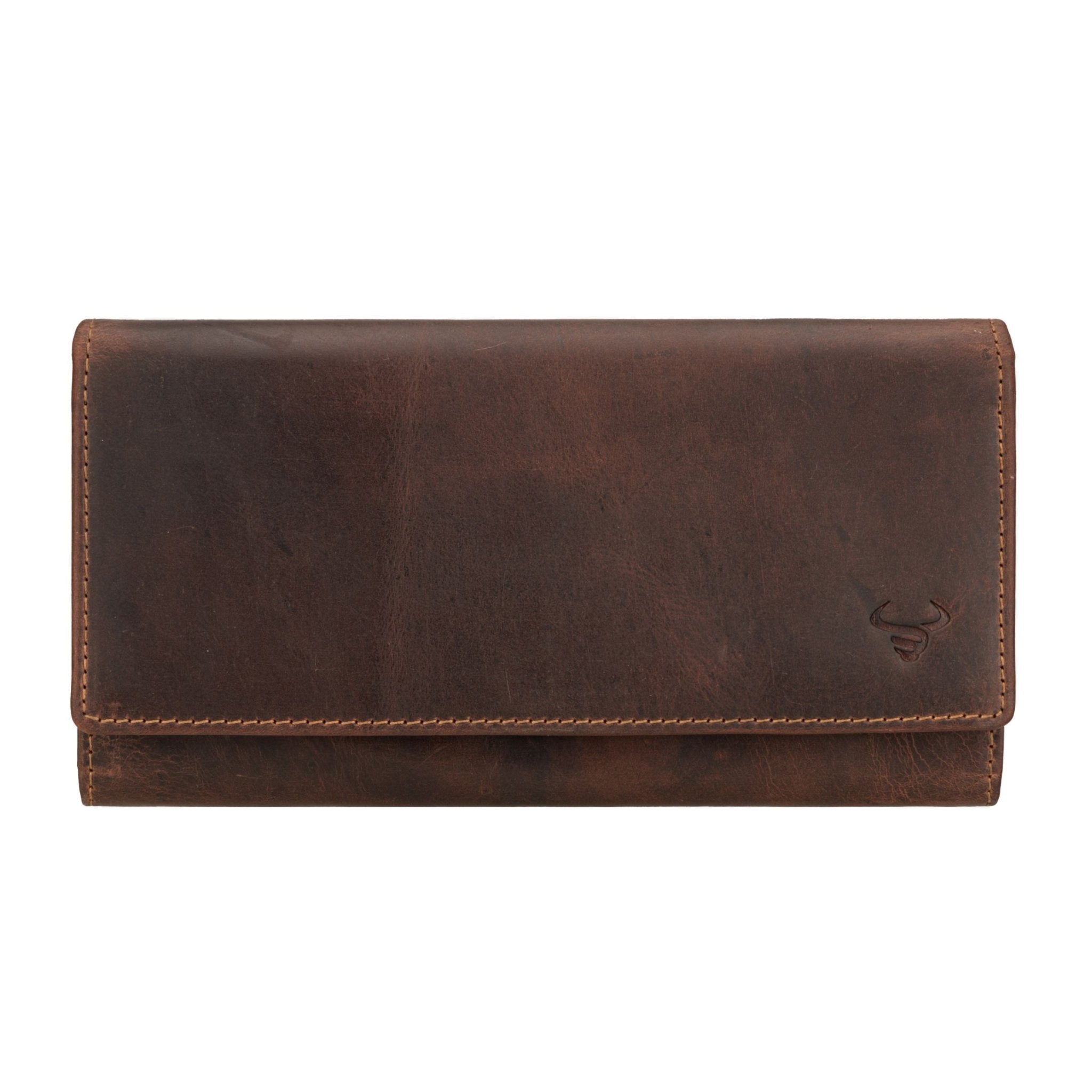 Minori Leather Charlotte leather wallet in chestnut color with multiple card slots and a sleek, compact design.