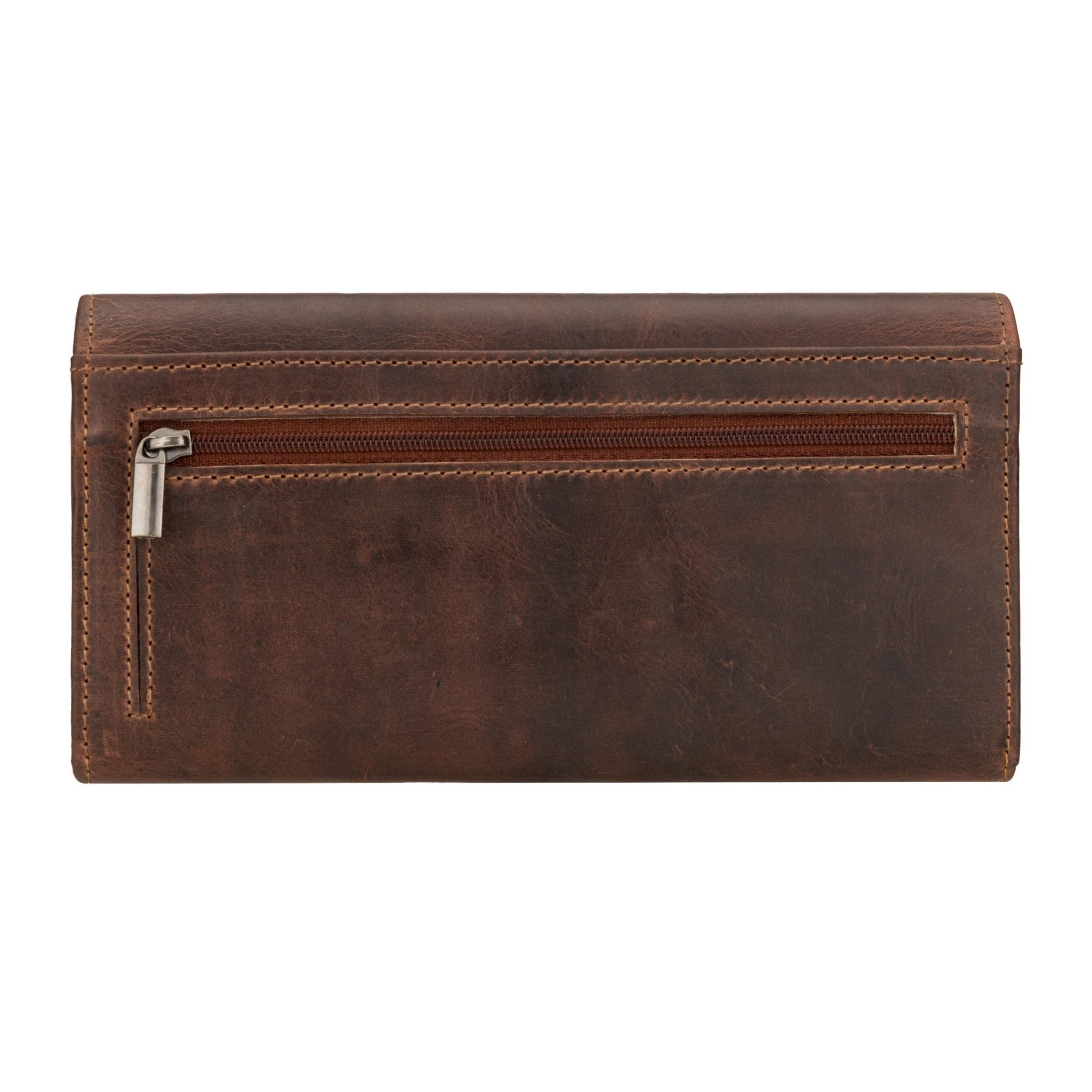 Minori Leather Charlotte leather wallet in chestnut color, featuring multiple card slots and a sleek, compact design.