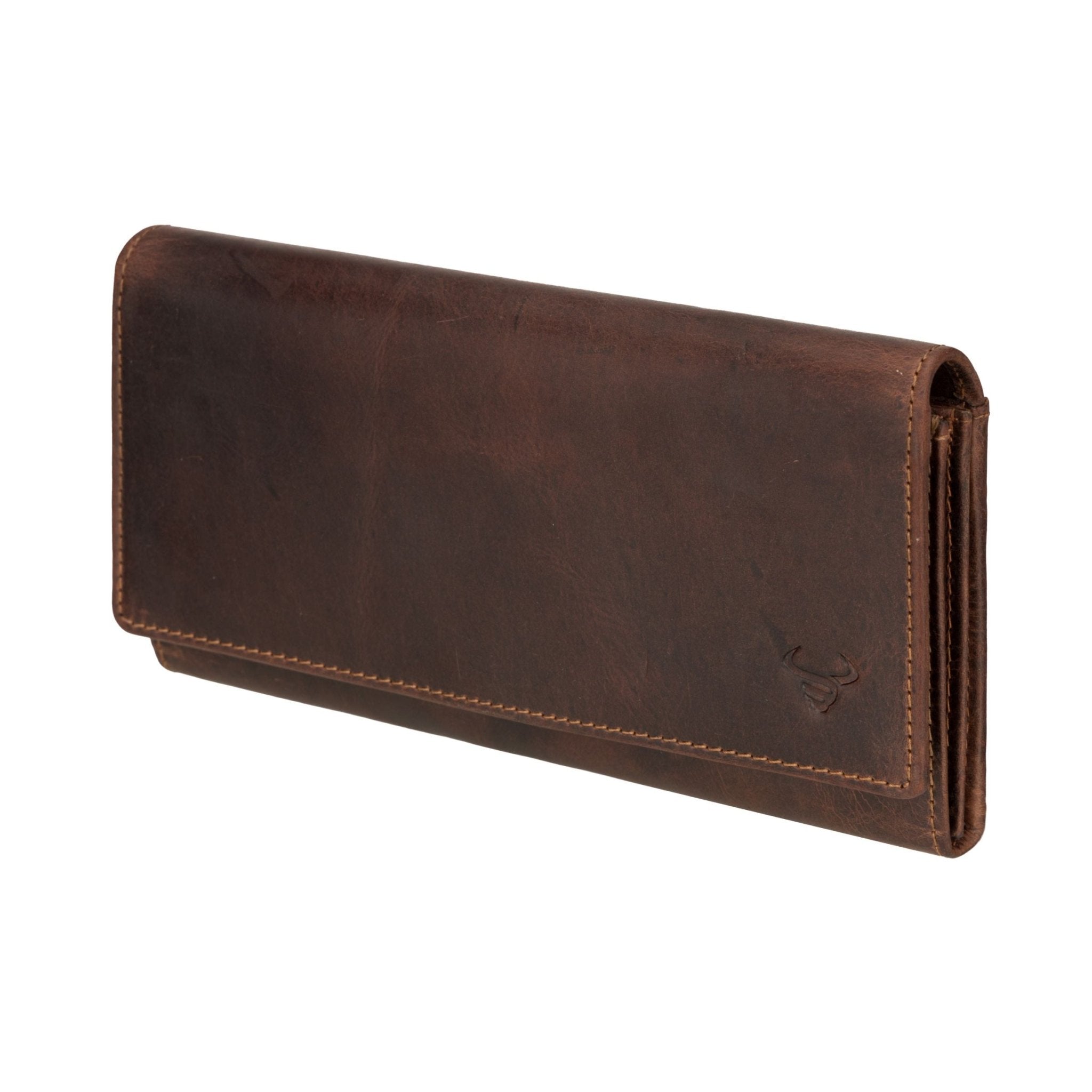 Minori Leather Charlotte leather wallet in chestnut color with multiple card slots and a sleek design.
