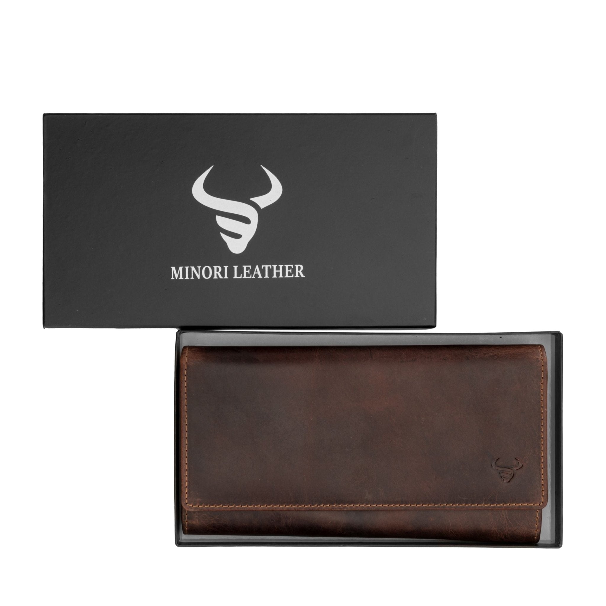 Minori Leather Charlotte Chestnut leather wallet with multiple card slots and a secure bill compartment.