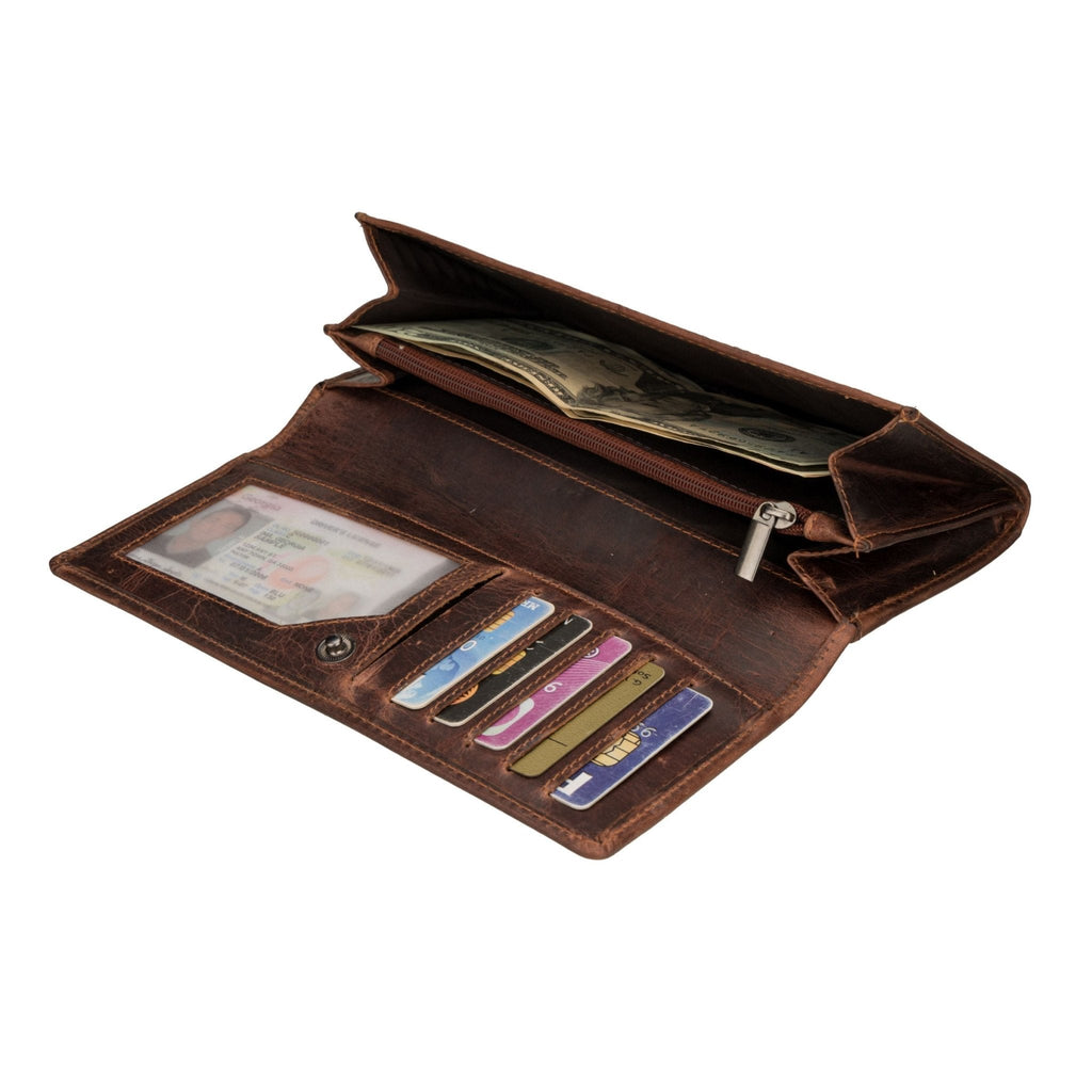 Minori Leather Charlotte leather wallet in chestnut with multiple card slots and a sleek, compact design.
