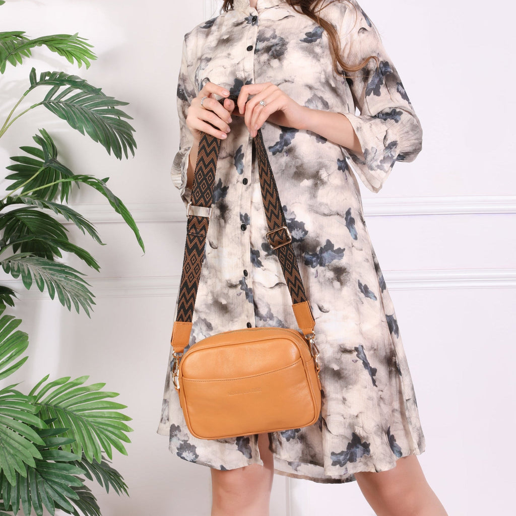 Tan Evelyn Leather Crossbody Bag for women by Minori Leather, featuring a sleek design and adjustable strap.