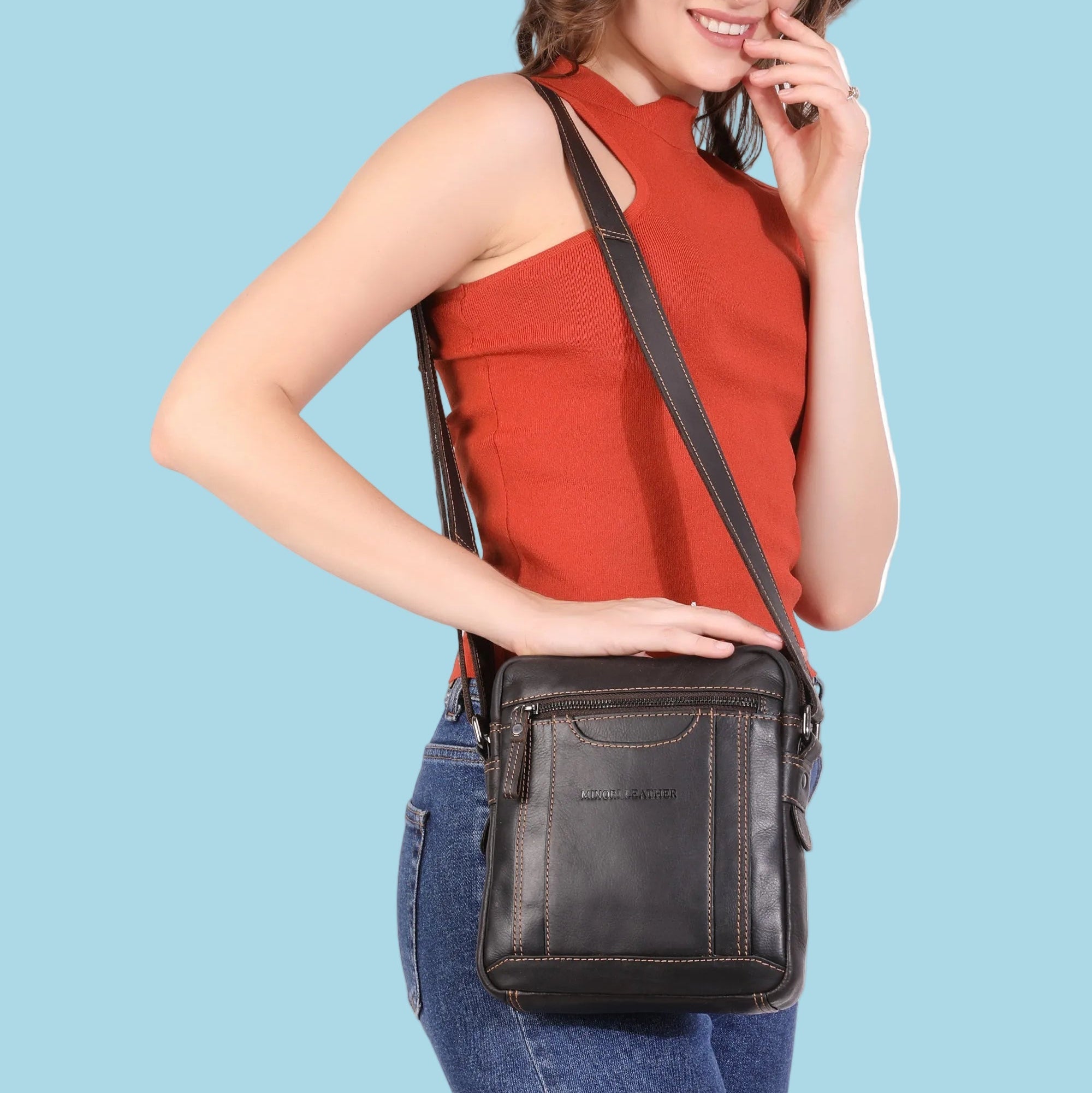 Brown Asheville Leather Crossbody Bag by Minori Leather, unisex style with adjustable strap and sleek leather finish.