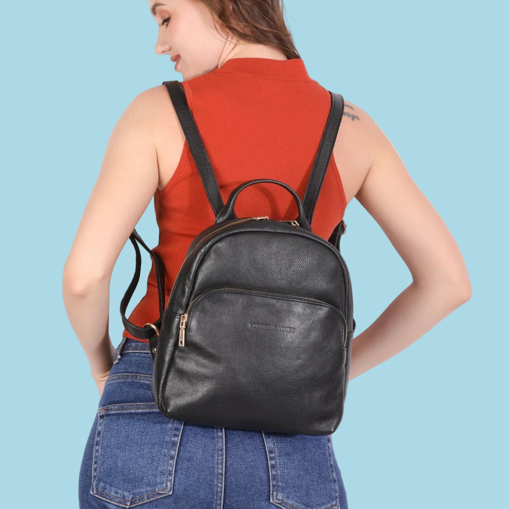 Forest green Madison Leather backpack for women by Minori Leather, showing the stylish leather shoulder straps and spacious interior.