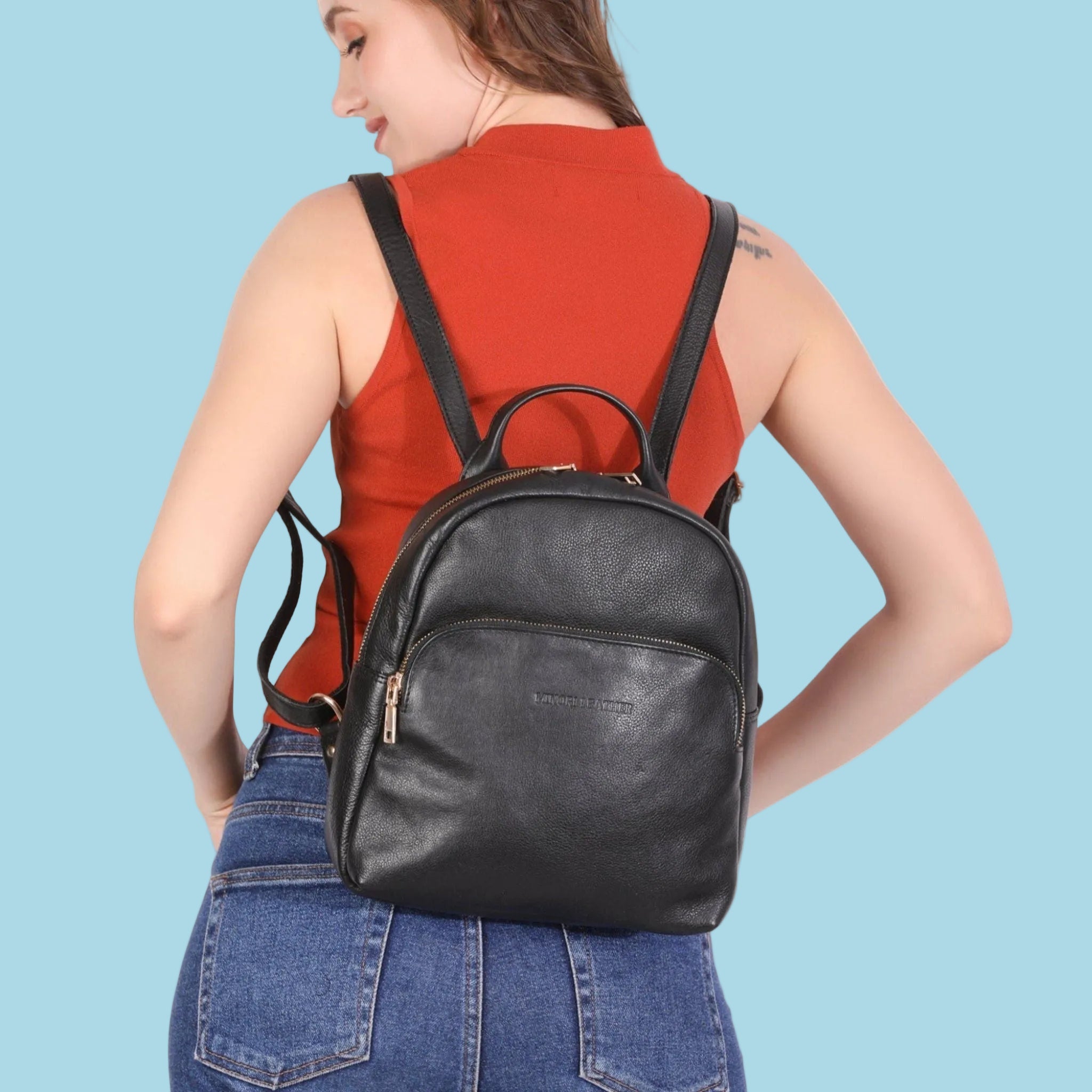 Forest green Madison Leather backpack for women by Minori Leather, showing the stylish leather shoulder straps and spacious interior.