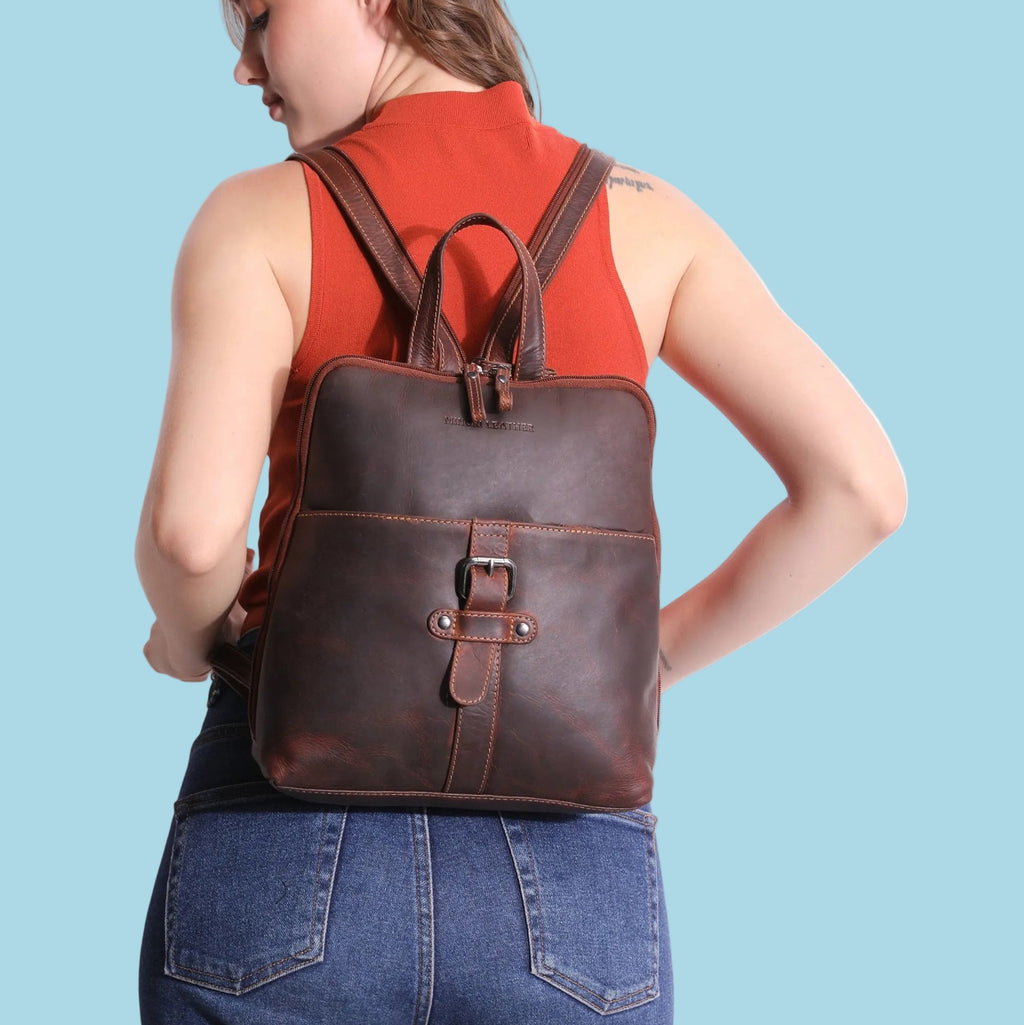 Brown Isla Leather Backpack for women by Minori Leather, featuring a stylish leather design with adjustable straps and spacious interior.