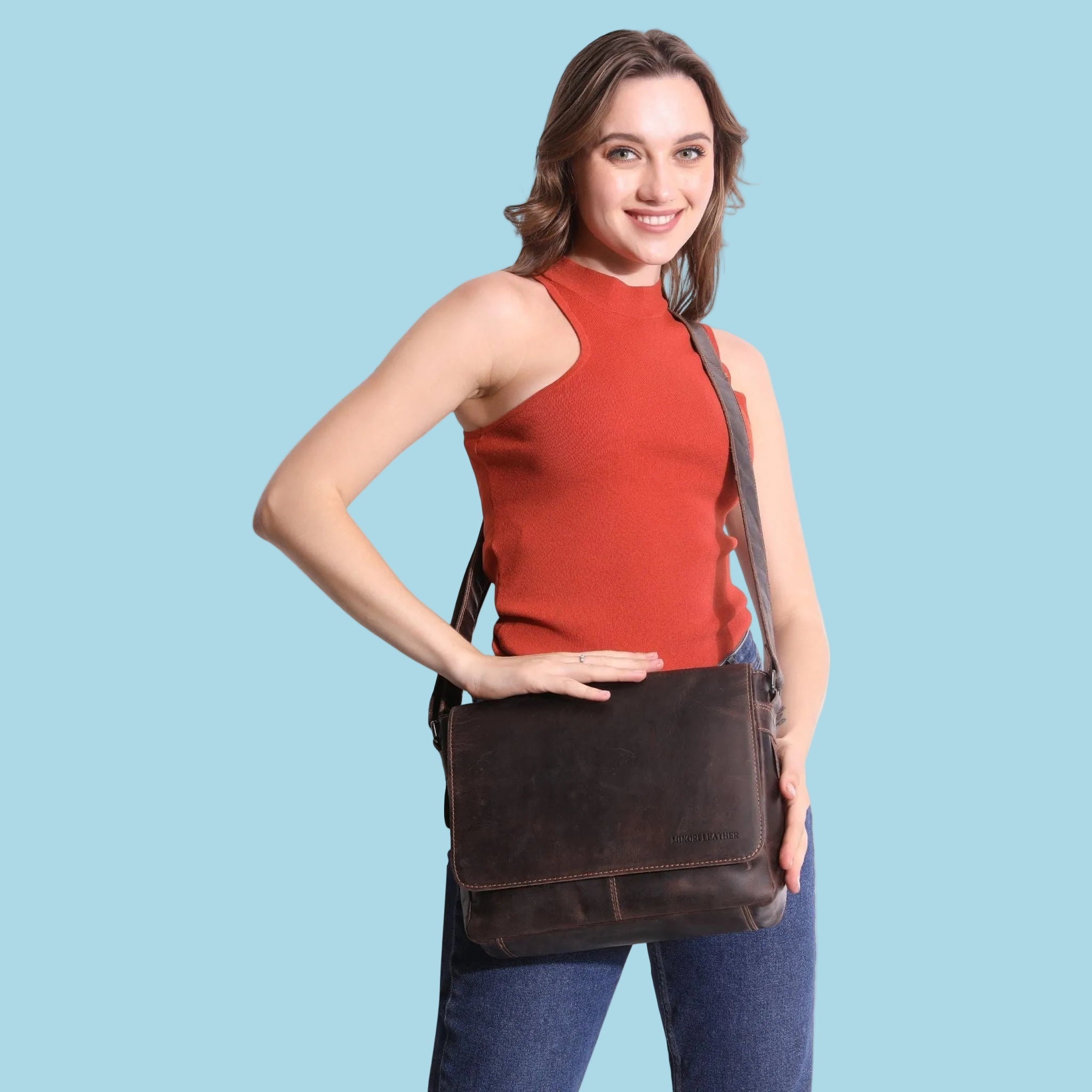 Brown Austin Leather Satchel Bag by Minori Leather, 11-inch unisex crossbody bag with adjustable strap and sleek leather design.