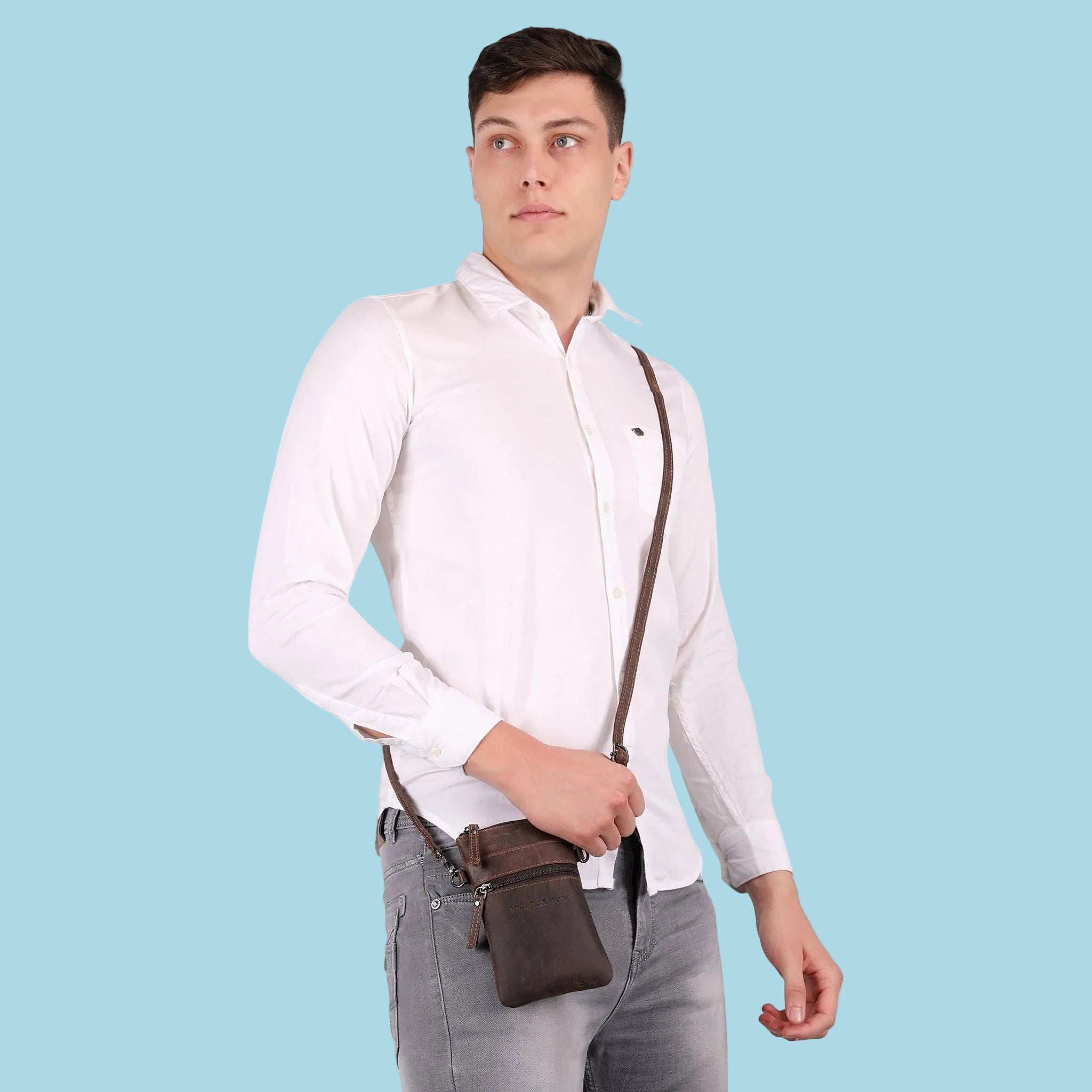 Minori Leather Ashford Leather Sling Bag in chestnut, unisex design with adjustable strap and sleek leather finish.