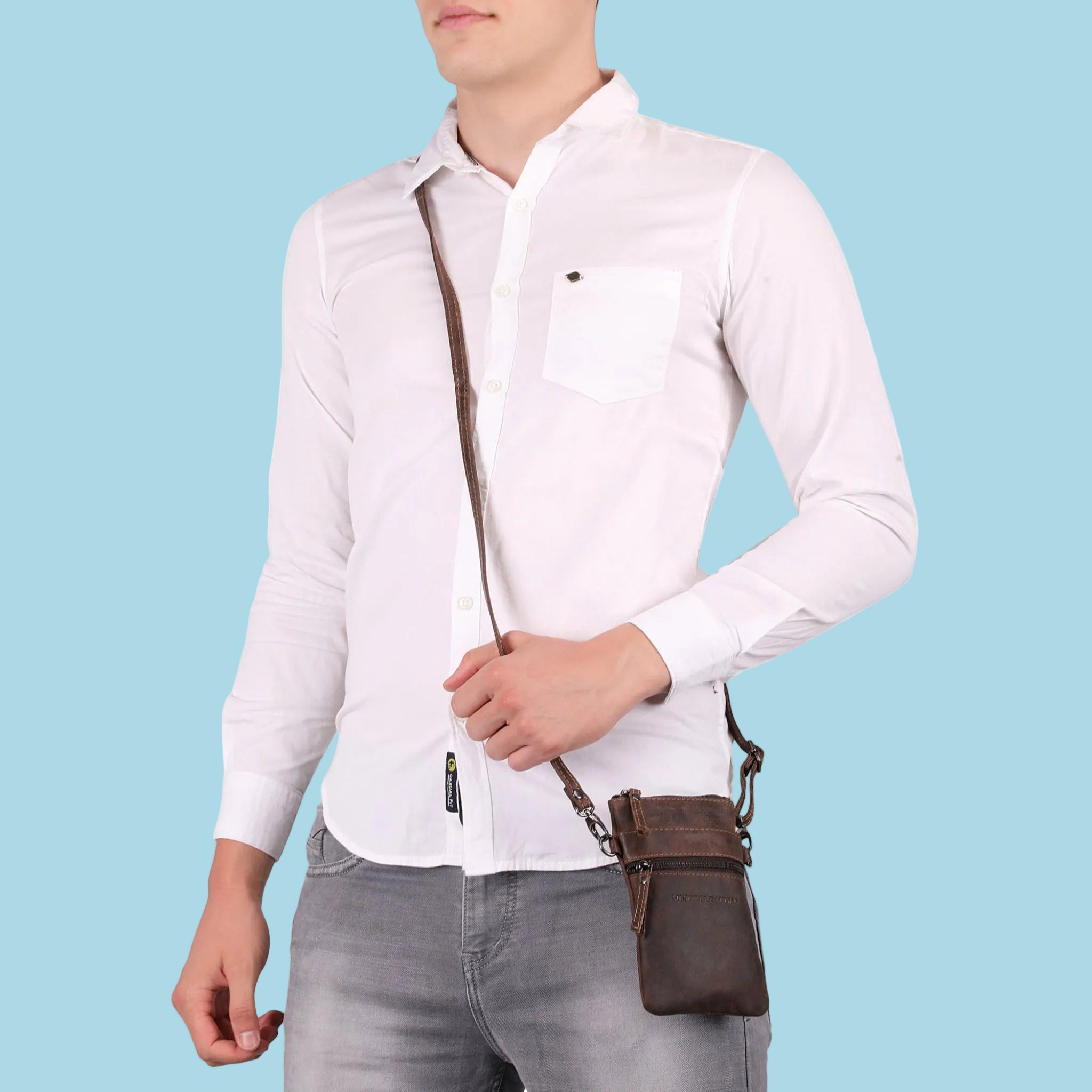 Brown Ashford Leather Sling Bag by Minori Leather, unisex design with adjustable strap and functional compartments.