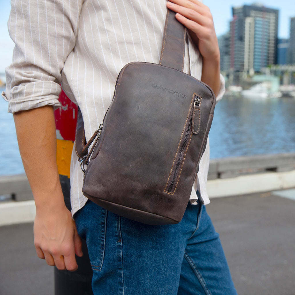 Brown Luxe Leather Sling Bag by Minori Leather, unisex crossbody bag with sleek design and adjustable strap.