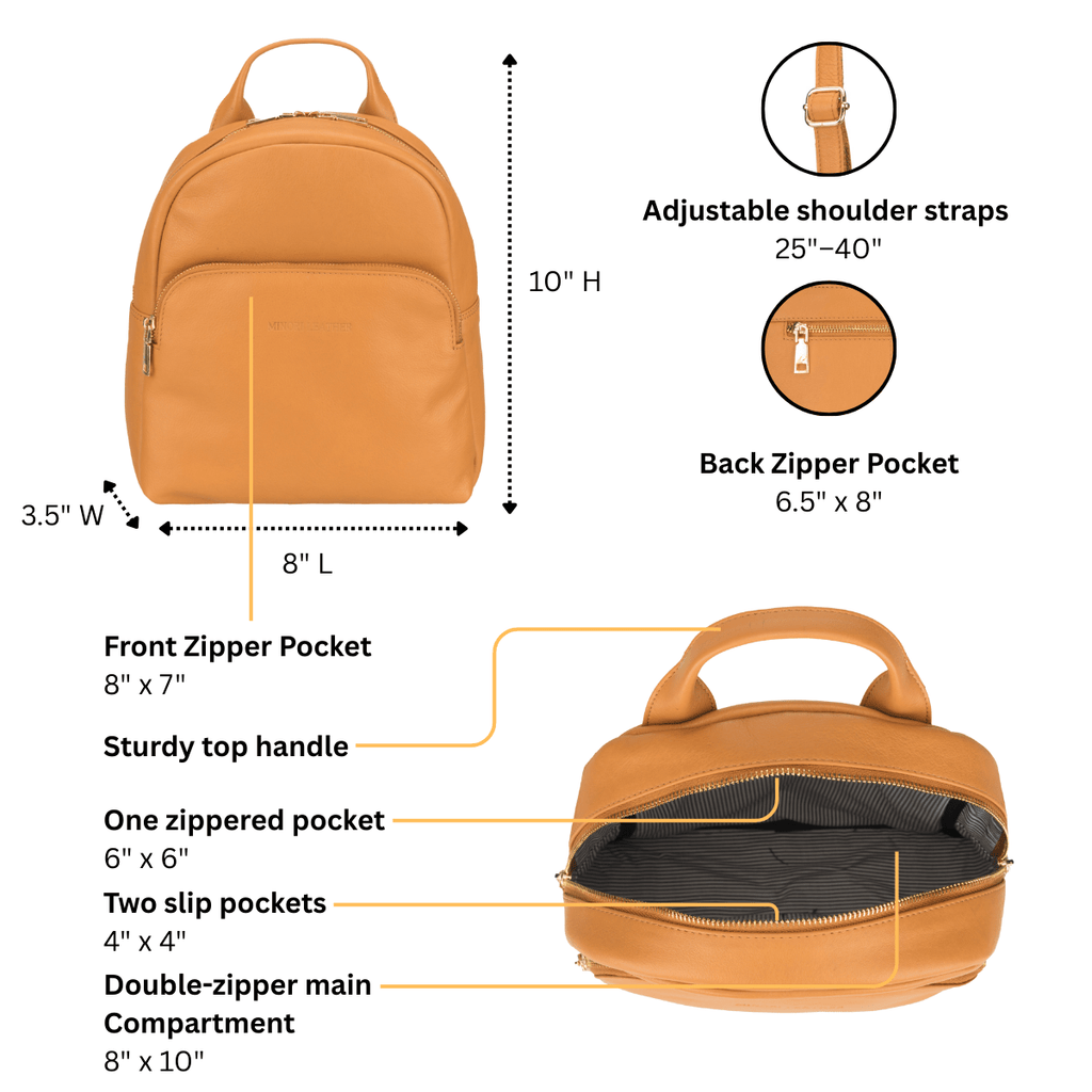 Tan Madison leather backpack for women by Minori Leather, showing front view with adjustable straps and sleek design.