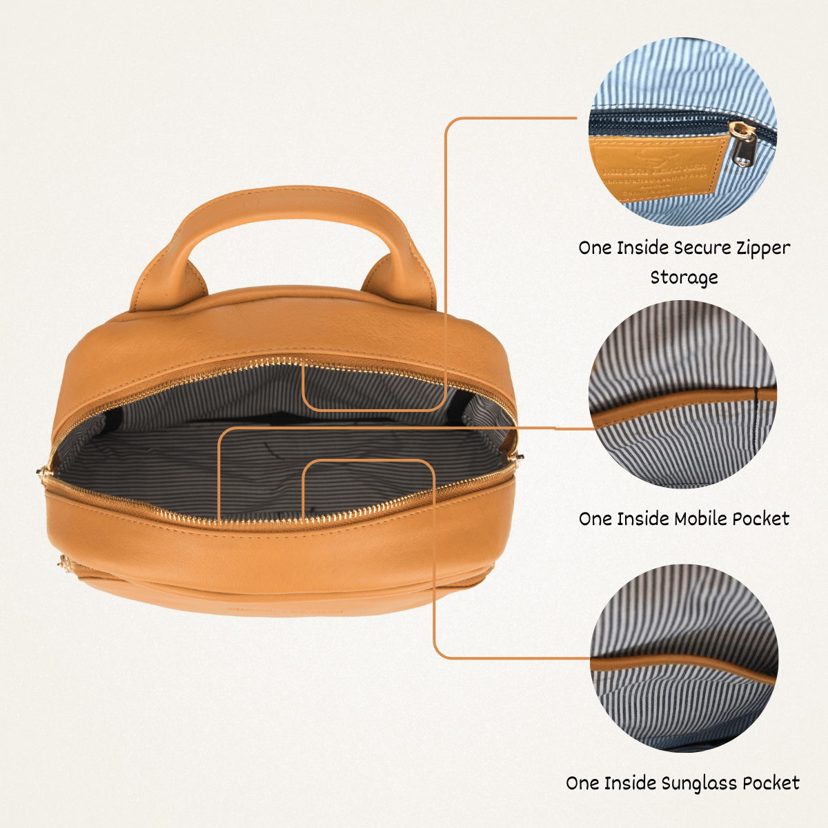 Interior view of Minori Leather Madison women's tan leather backpack showing spacious compartments and organized interior design.
