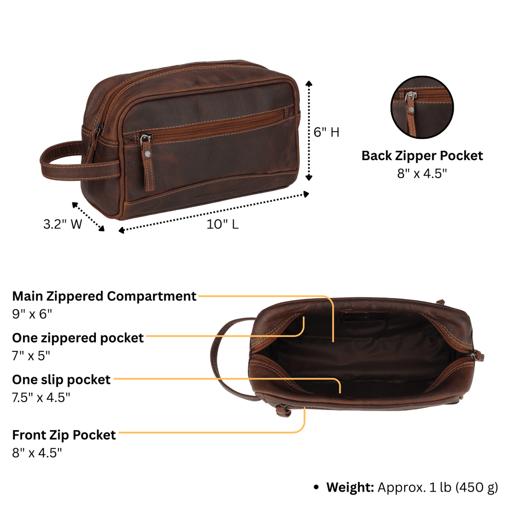 Minori Leather Montana men's leather toiletry bag in chestnut color with durable zipper and compact design for travel storage.
