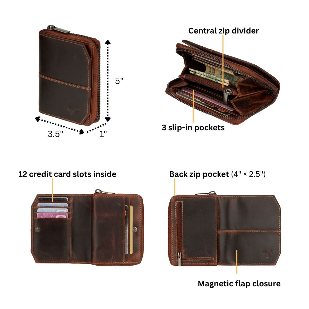 Minori Leather Nora leather wallet in chestnut with multiple card slots and a sleek, compact design.