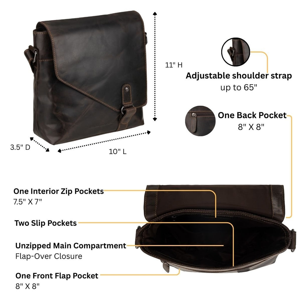 Minori Leather Noah brown leather crossbody satchel bag with adjustable strap and stylish design.