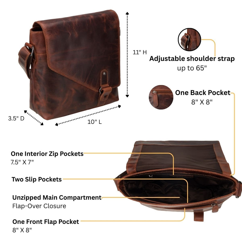 Minori Leather Noah leather crossbody satchel bag in chestnut with adjustable strap and detailed stitching.