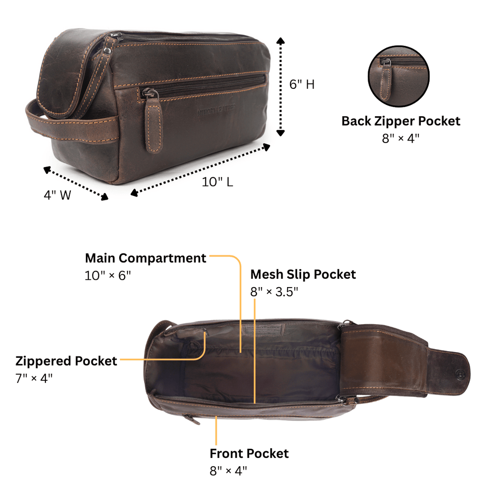 Brown Minori Leather Nomad toiletry bag for men, featuring a sleek, durable leather design with multiple compartments for travel essentials.