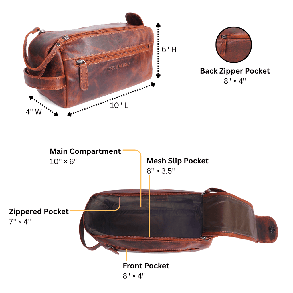 Minori Leather Nomad men's leather toiletry bag in chestnut with sturdy zipper and multiple compartments for travel essentials.