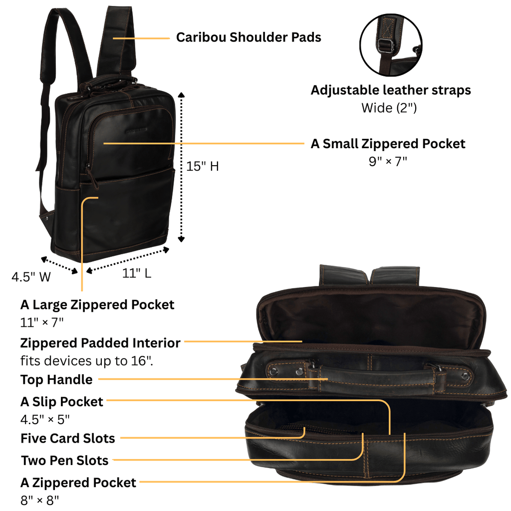 Brown Orlando Leather Backpack by Minori Leather, 16-inch unisex backpack with detailed leather accents and sturdy straps.