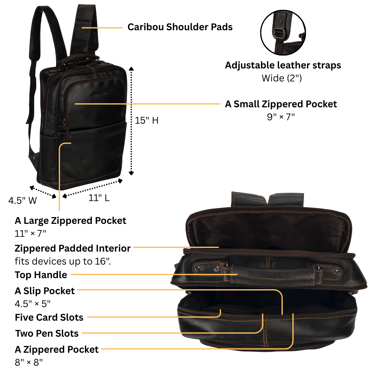Brown Orlando Leather Backpack by Minori Leather, 16-inch unisex backpack with detailed leather accents and sturdy straps.