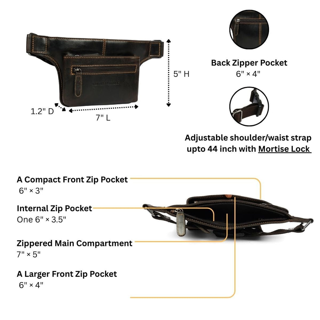 Minori Leather Osaka leather belt bag in brown, unisex fanny pack with detailed stitching and adjustable strap for versatile wear.