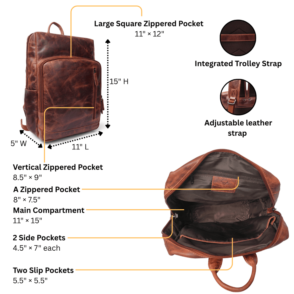 Minori Leather Oslo leather backpack for 15.6-inch laptops, chestnut brown with multiple compartments and sturdy straps.