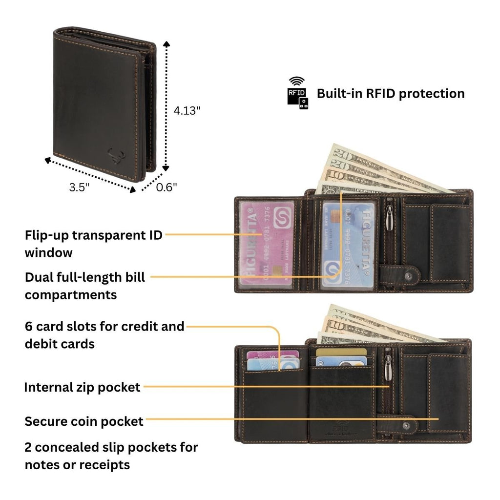 Brown Philip leather trifold wallet for men by Minori Leather, showing multiple card slots and a sleek, classic design.