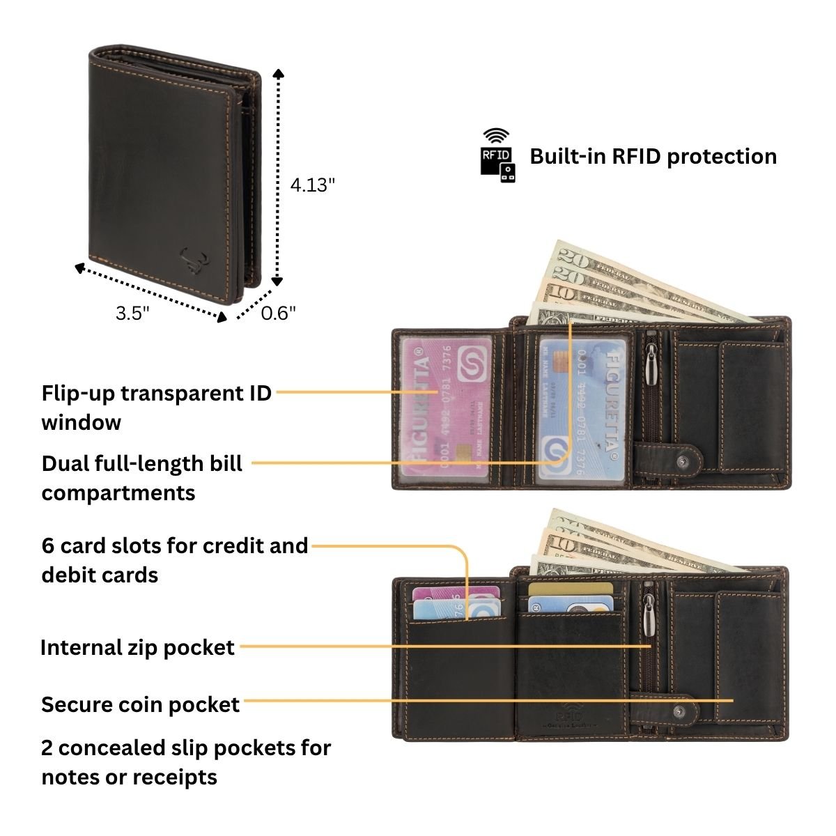 Brown Philip leather trifold wallet for men by Minori Leather, showing multiple card slots and a sleek, classic design.