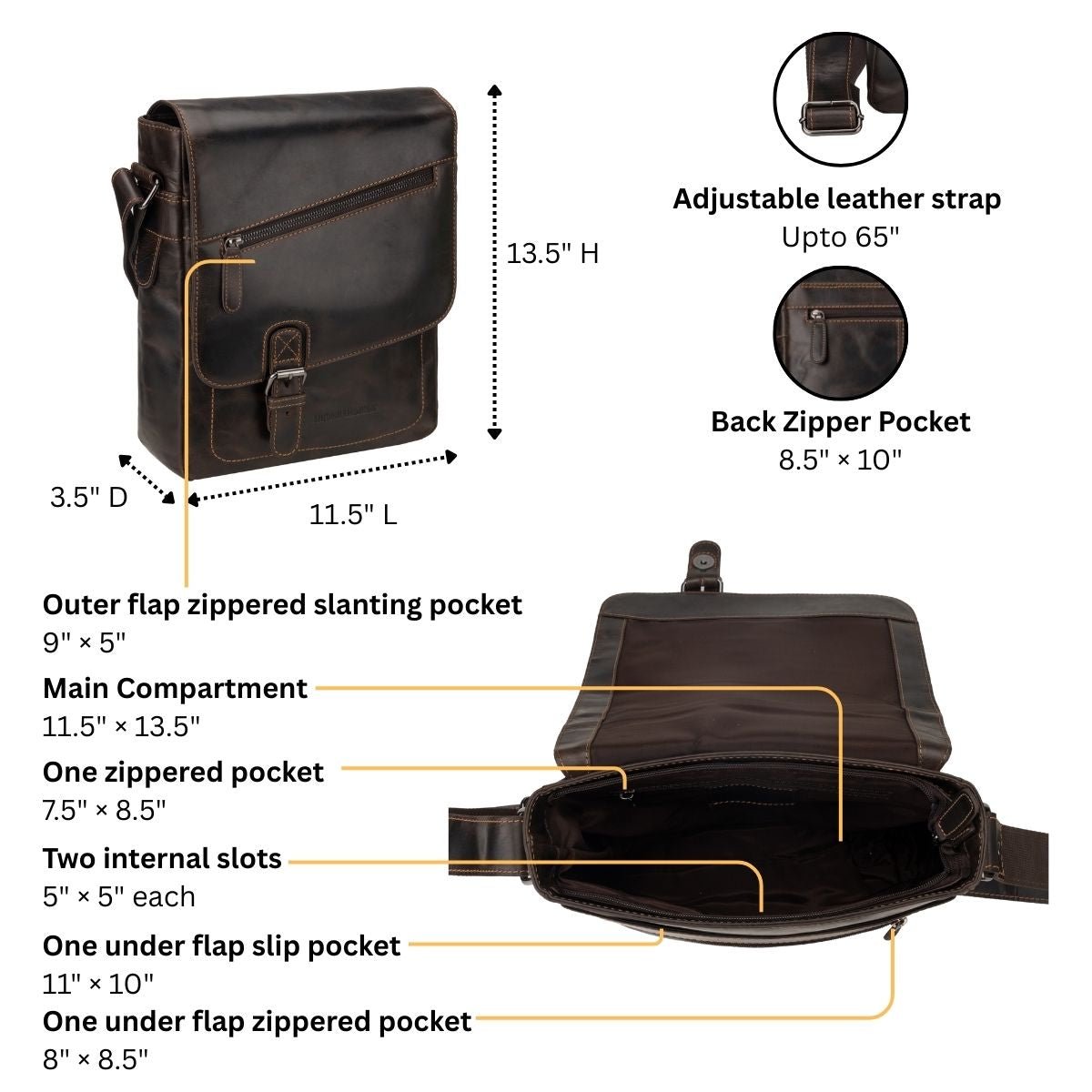 Minori Leather Raleigh brown leather crossbody satchel bag with adjustable strap and sleek design.