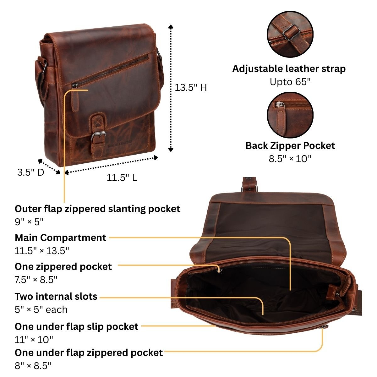 Minori Leather Raleigh leather crossbody satchel bag in chestnut with adjustable strap and classic design.