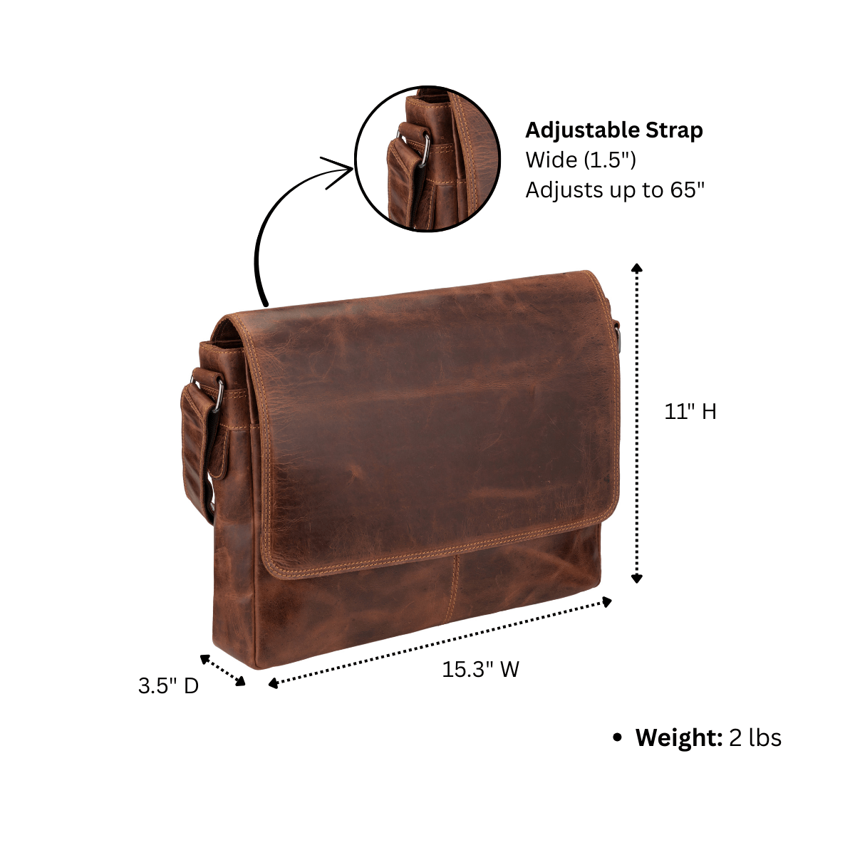 Richmond full grain leather 16-inch men's laptop messenger bag by Minori Leather, showing dimensions and chestnut color.