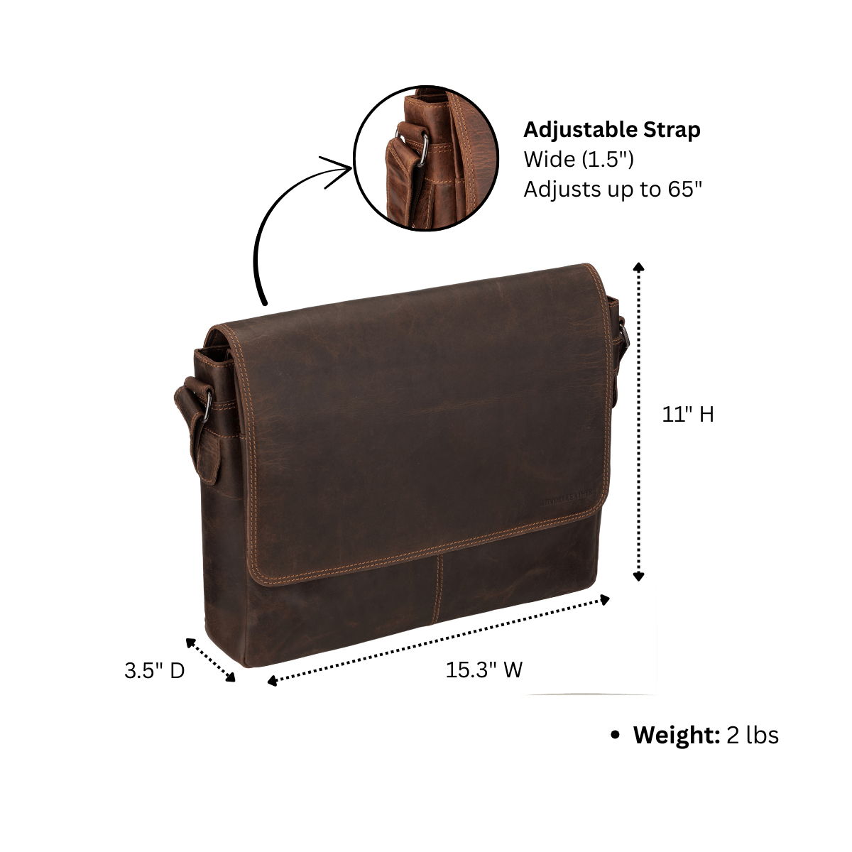 Richmond full grain leather 16-inch men's laptop messenger bag in chestnut brown by Minori Leather, showing front view and handles.
