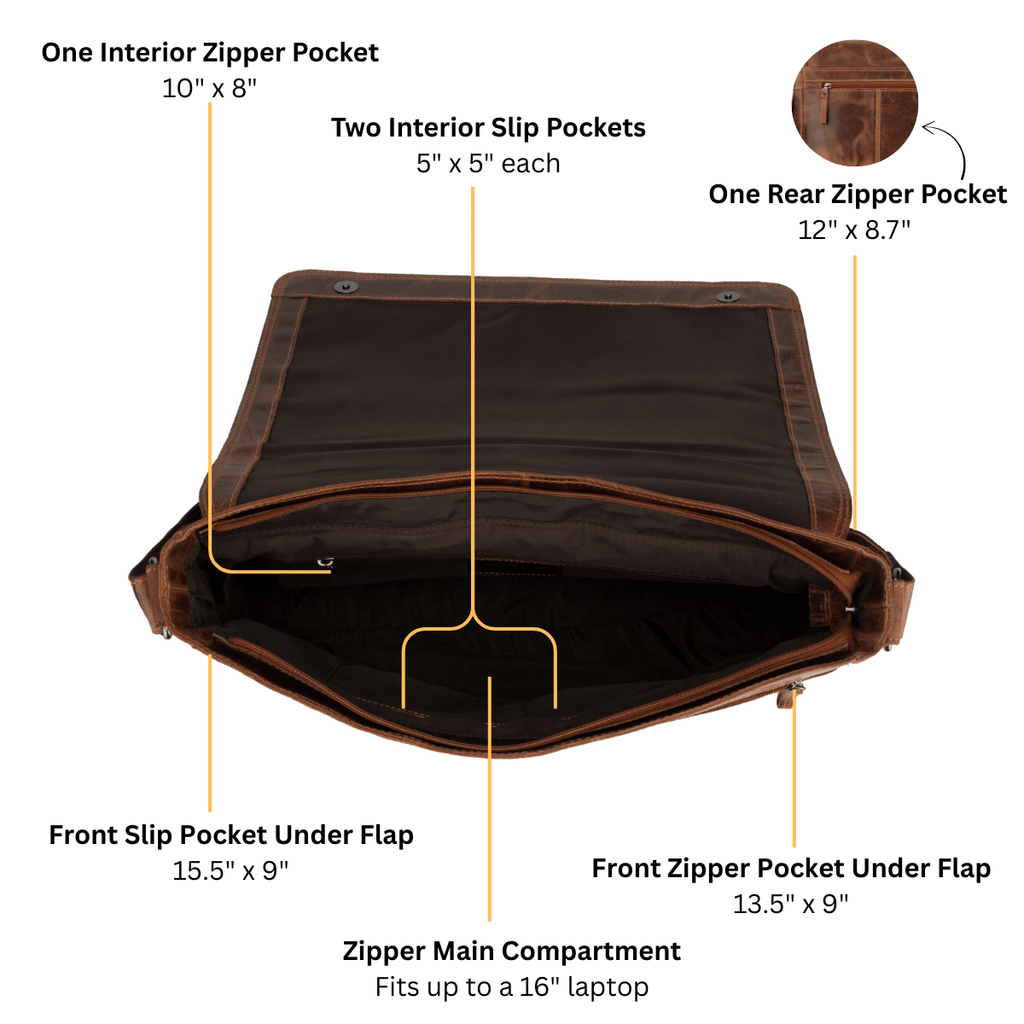 Richmond full grain leather 16-inch laptop messenger bag for men by Minori Leather, chestnut color, with adjustable shoulder strap.