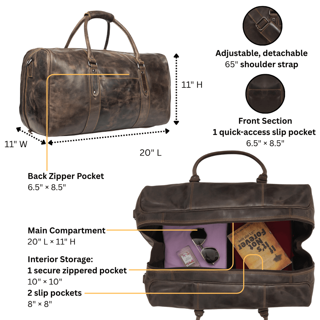 Brown Riley Leather Duffle Bag by Minori Leather, featuring sturdy handles and spacious main compartment for travel.
