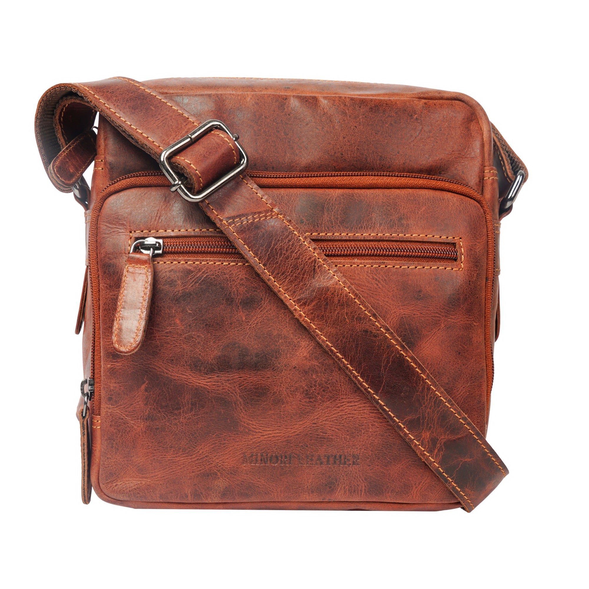 Minori Leather Harbor Chestnut leather crossbody bag with adjustable strap and spacious interior.