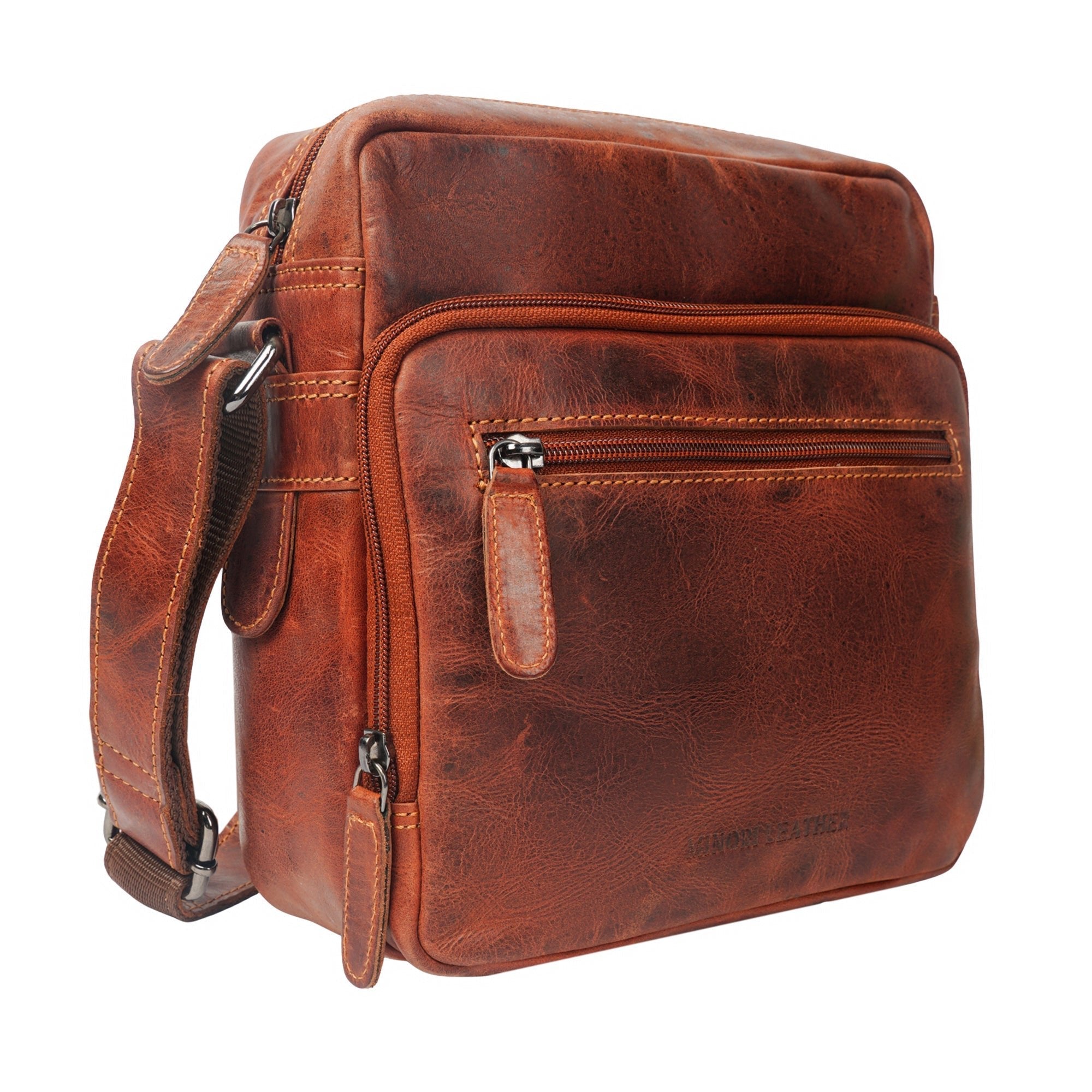 Minori Leather Harbor leather crossbody bag in chestnut with adjustable strap and sleek design, perfect for everyday use.