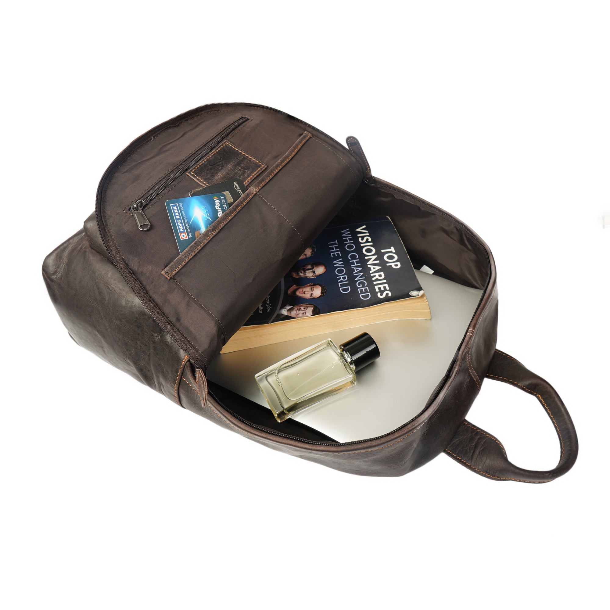 Minori Leather Garth leather backpack with adjustable straps and front pocket, stylish and durable for daily use.