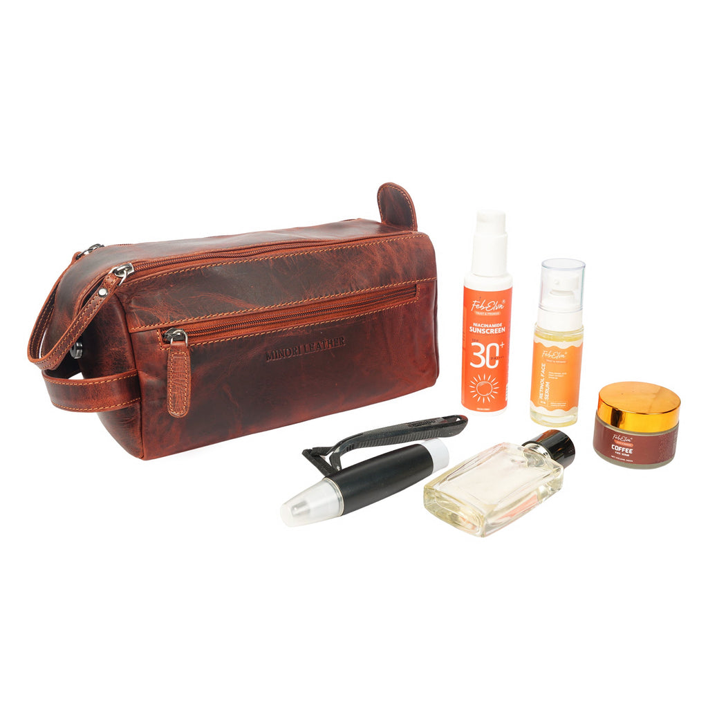 Minori Leather premium chestnut leather toiletry bag for men with compartments and sturdy zipper design.