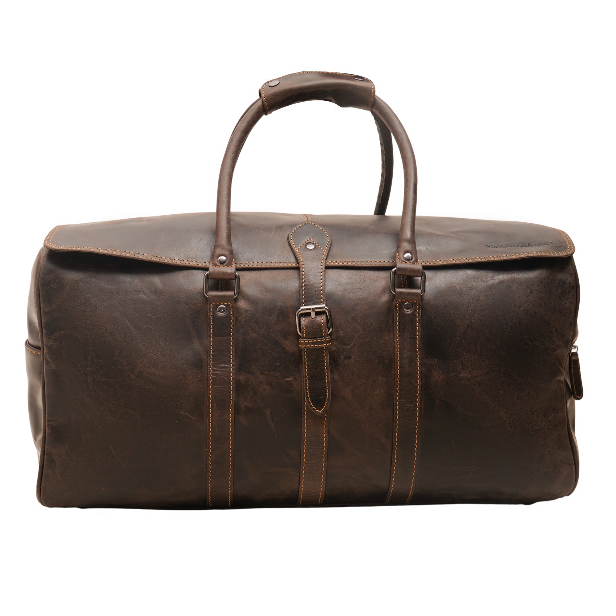 Brown Miami Leather Weekender duffle bag by Minori Leather, stylish travel bag with sturdy leather construction and spacious interior.