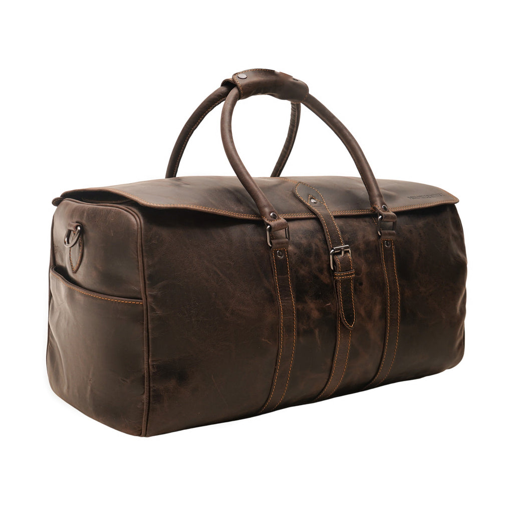 Brown Miami Leather Weekender duffle bag by Minori Leather, showcasing sturdy leather handles and spacious interior.