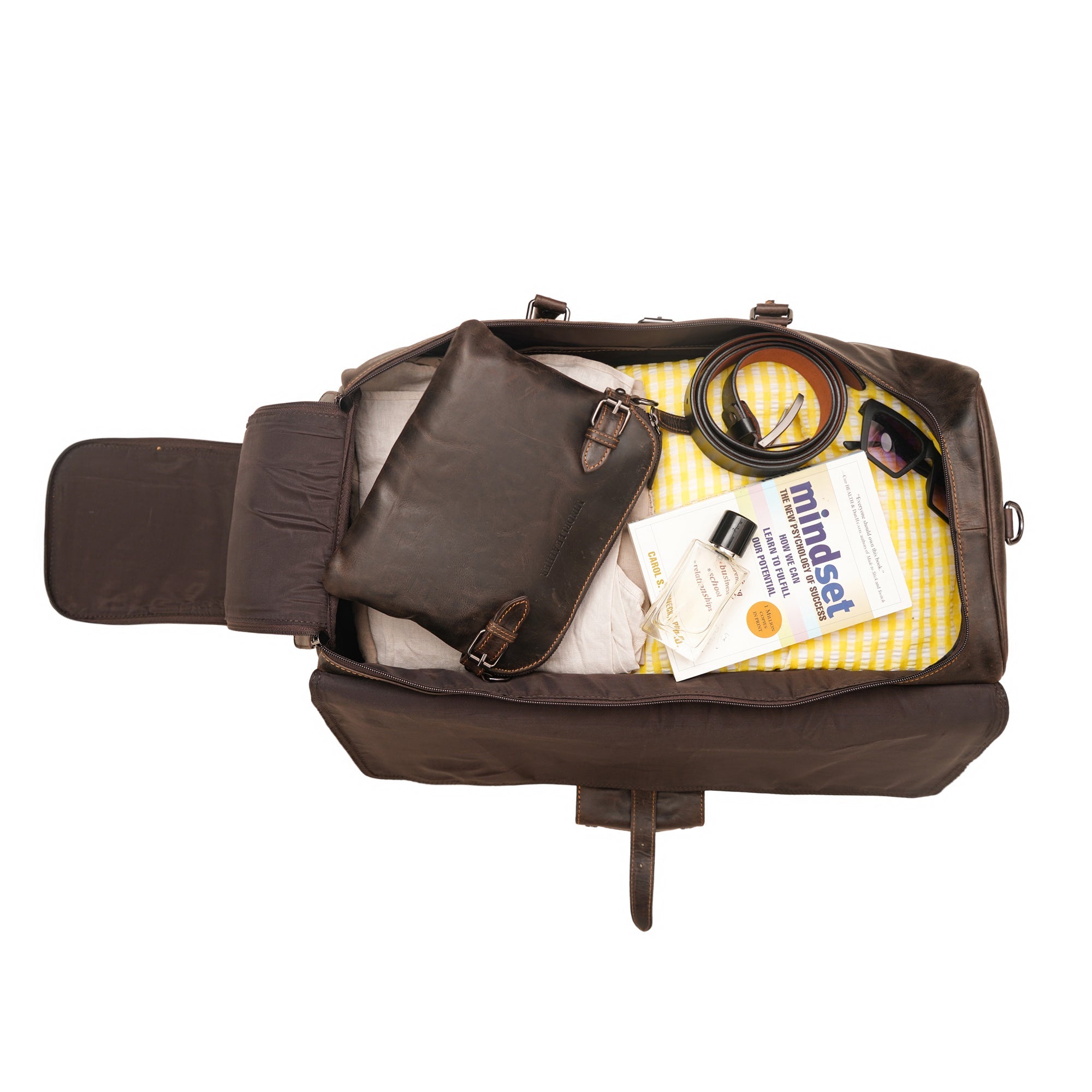 Minori Leather Miami Leather Weekender Brown duffle bag with sturdy handles and spacious interior for travel accessories.