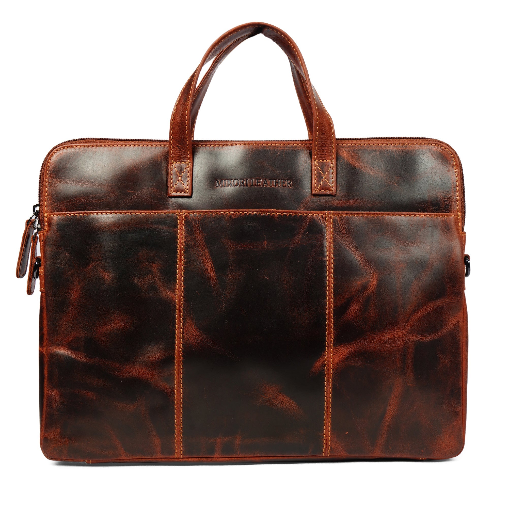 Minori Leather Atlas 14-inch unisex leather laptop sleeve in chestnut, featuring smooth leather and slim design.
